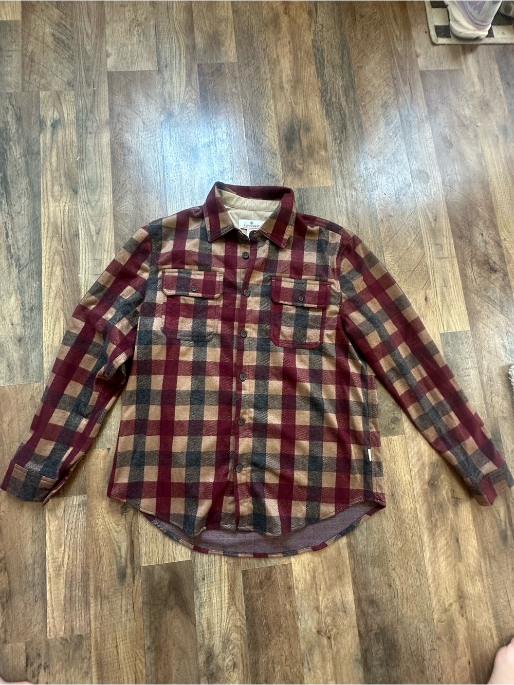 RAINFOREST Men's Burgundy, Tan & Gray Plaid Button-Down Shirt